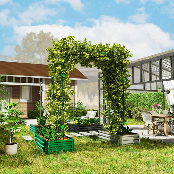 Outsunny 8 FT Tall Garden Arch Trellis, Outdoor Steel Plant Trellis Support with Climbing Net for Flowers, Vegetables