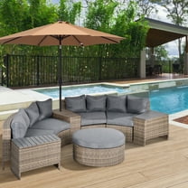 Outsunny 8 Piece Outdoor Rattan Sofa, Half Round Patio Furniture Set with Side Tables, Umbrella Hole, and Cushions, Mixed Kahki and Mixed Gray