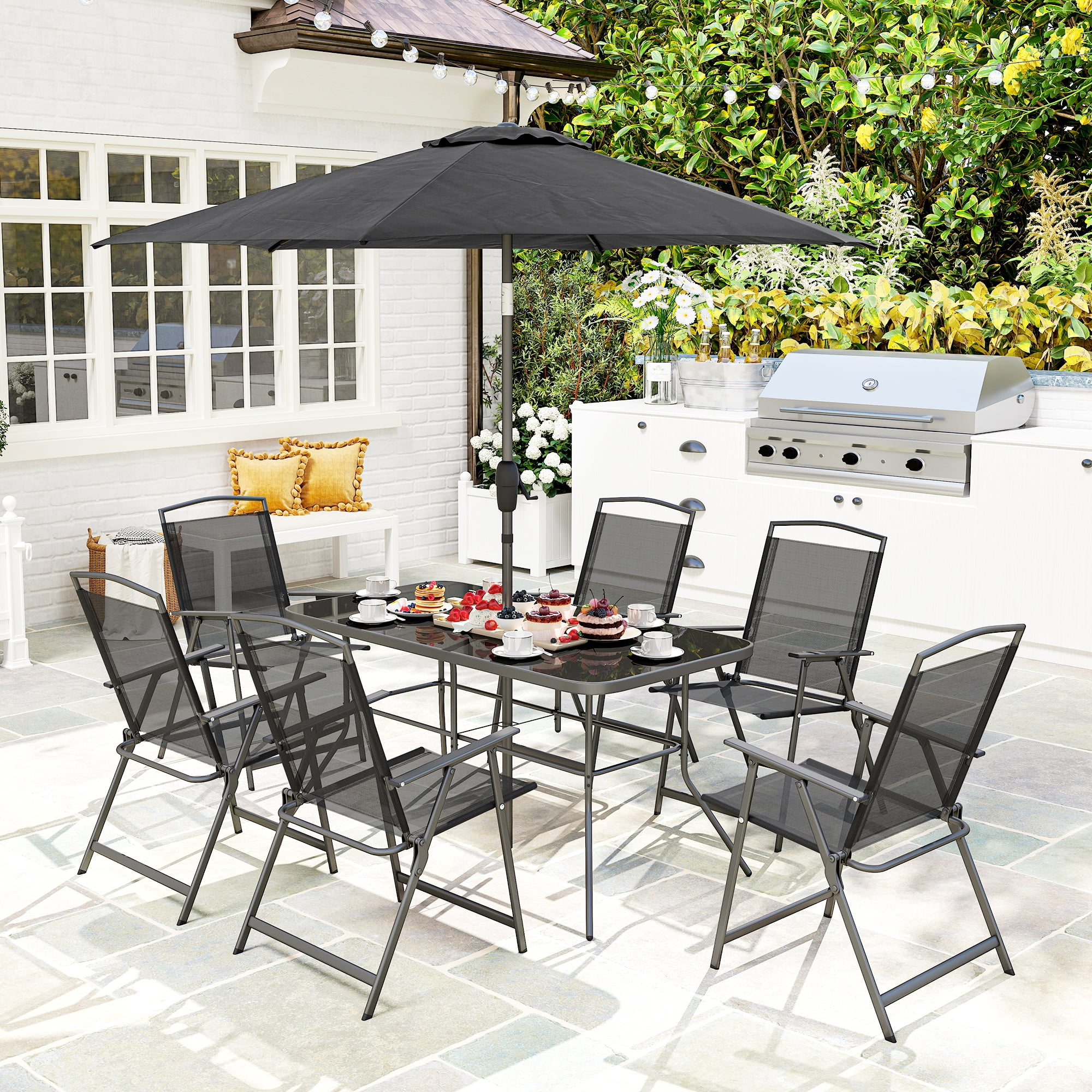 Outsunny 8 Piece Patio Dining Set with Table Umbrella, 6 Folding Chairs ...