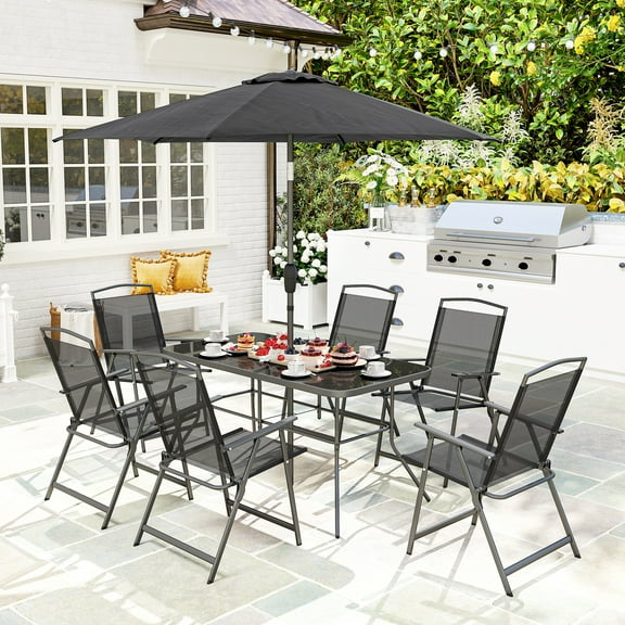 Outsunny 8 Piece Patio Dining Set with Table Umbrella, 6 Folding Chairs and Rectangle Dining Table, Outdoor Patio Furniture Set, Black
