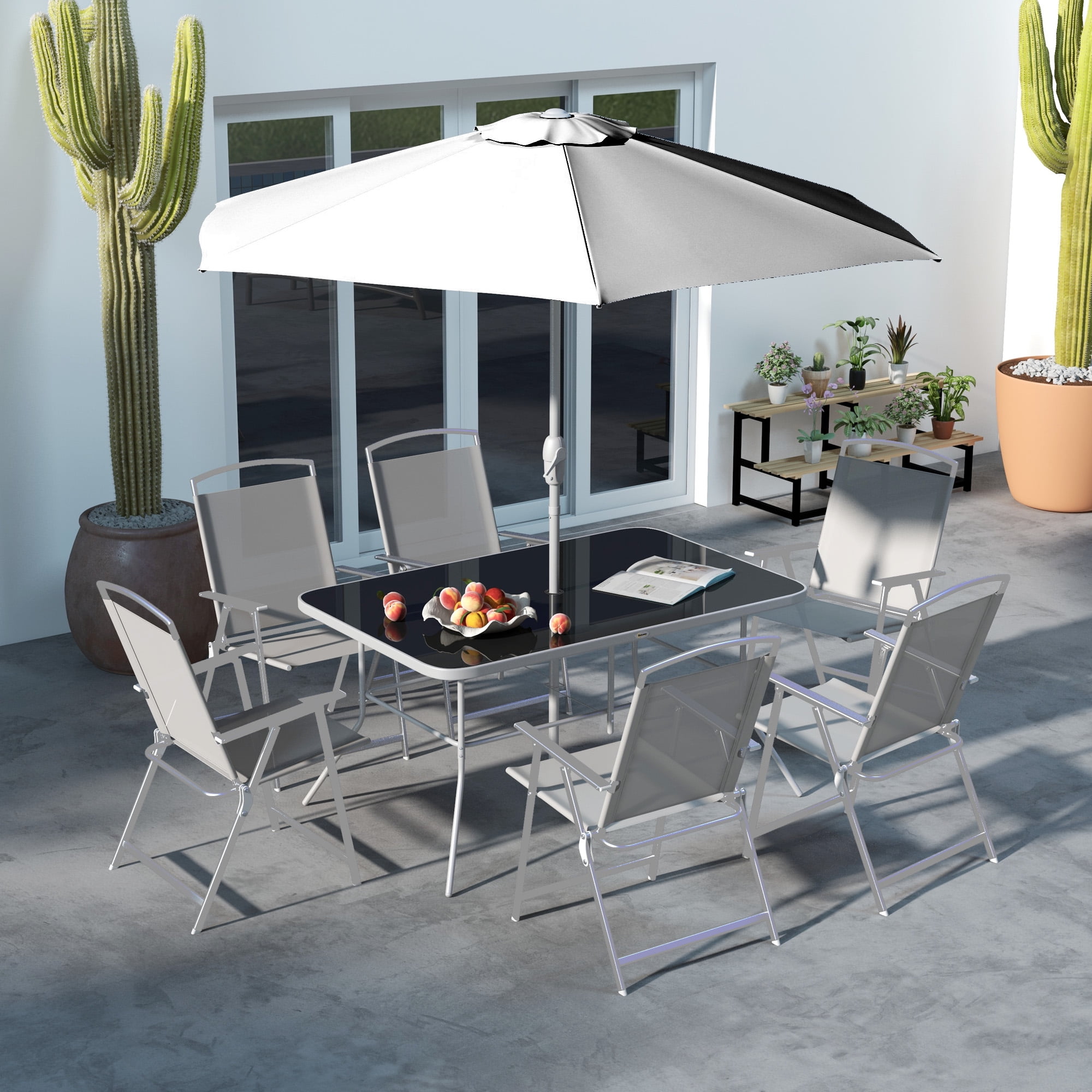 Gray 8-Piece Patio Dining Set with Umbrella and Folding Chairs