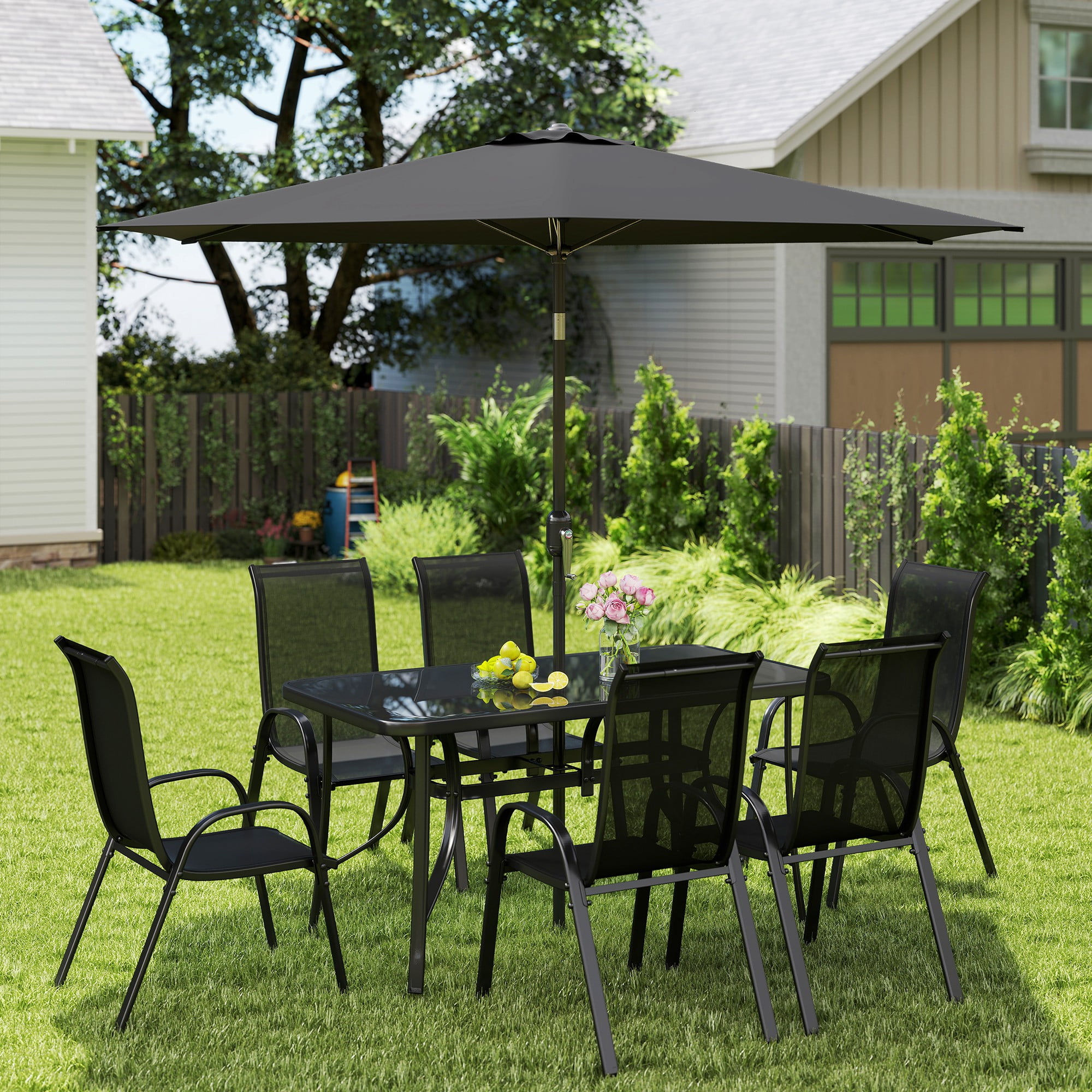 Outsunny 8 Piece Patio Furniture Set with Umbrella, Outdoor Dining Table and Chairs, 6 Chairs, Push Button Tilt and Crank Parasol, Glass Top, Black
