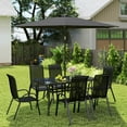 thumbnail image 1 of Outsunny 8 Piece Patio Furniture Set with Umbrella, Outdoor Dining Table and Chairs, 6 Chairs, Push Button Tilt and Crank Parasol, Glass Top, Black, 1 of 9