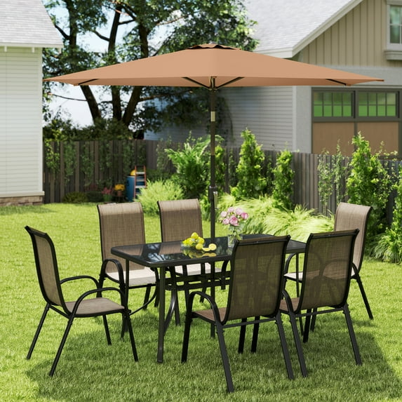 Outsunny 8 Piece Patio Furniture Set with Umbrella, Outdoor Dining Table and Chairs, 6 Chairs, Push Button Tilt and Crank Parasol, Glass Top, Brown