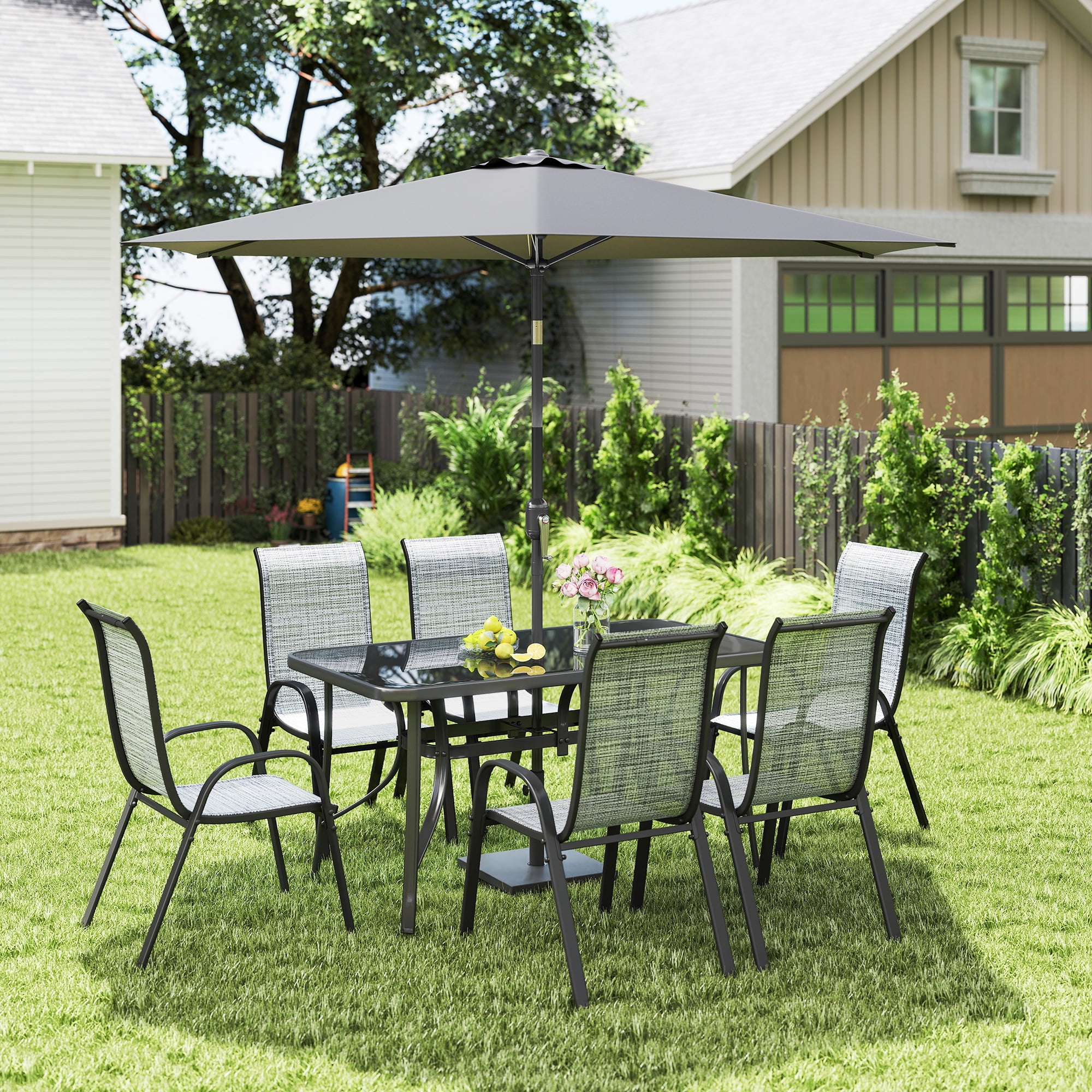 Outsunny 8 Piece Patio Furniture Set with Umbrella, Outdoor Dining ...