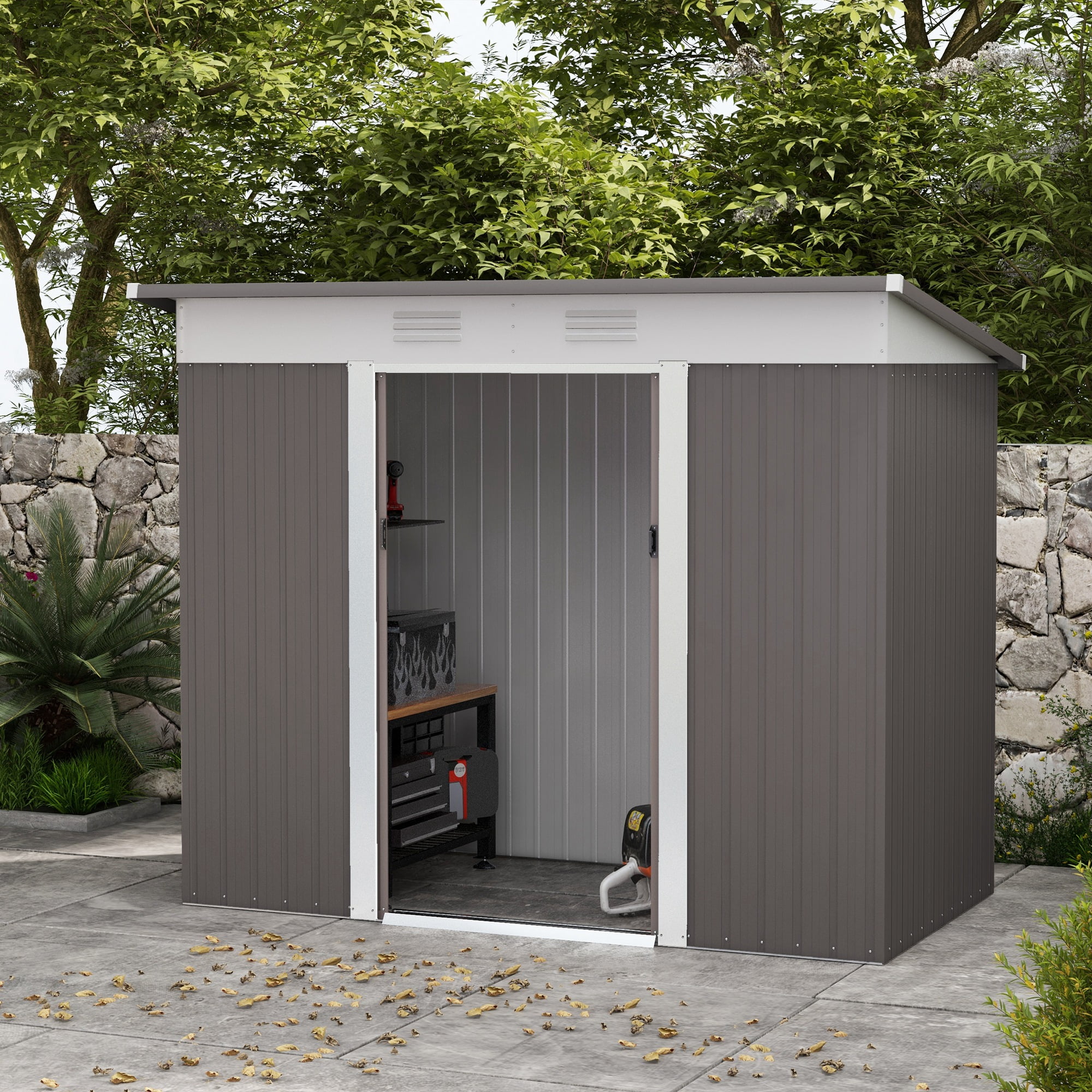 Gray 8 ft. x 4 ft. Galvanized Steel Storage Shed with Windows