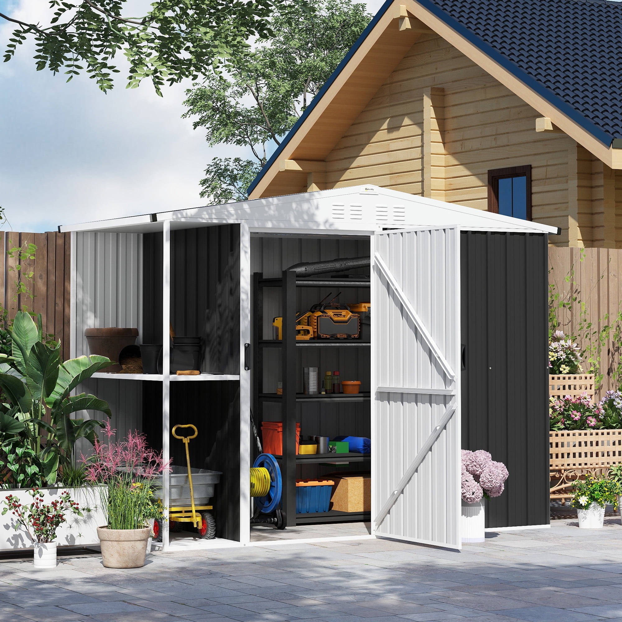 Outsunny 8 x 4ft Garden Storage Shed, Outdoor Metal Tool Shed with 2-Tier Storage Rack, Vents and Lock for Backyard, Patio, Lawn, Dark Gray