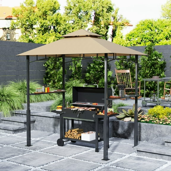 Outsunny 8' x 5' Grill Gazebo, Double Tiered Outdoor BBQ Gazebo with LED Light, 2 Side Shelves, Hooks and Bottle Opener for Patio Yard, Dark Brown