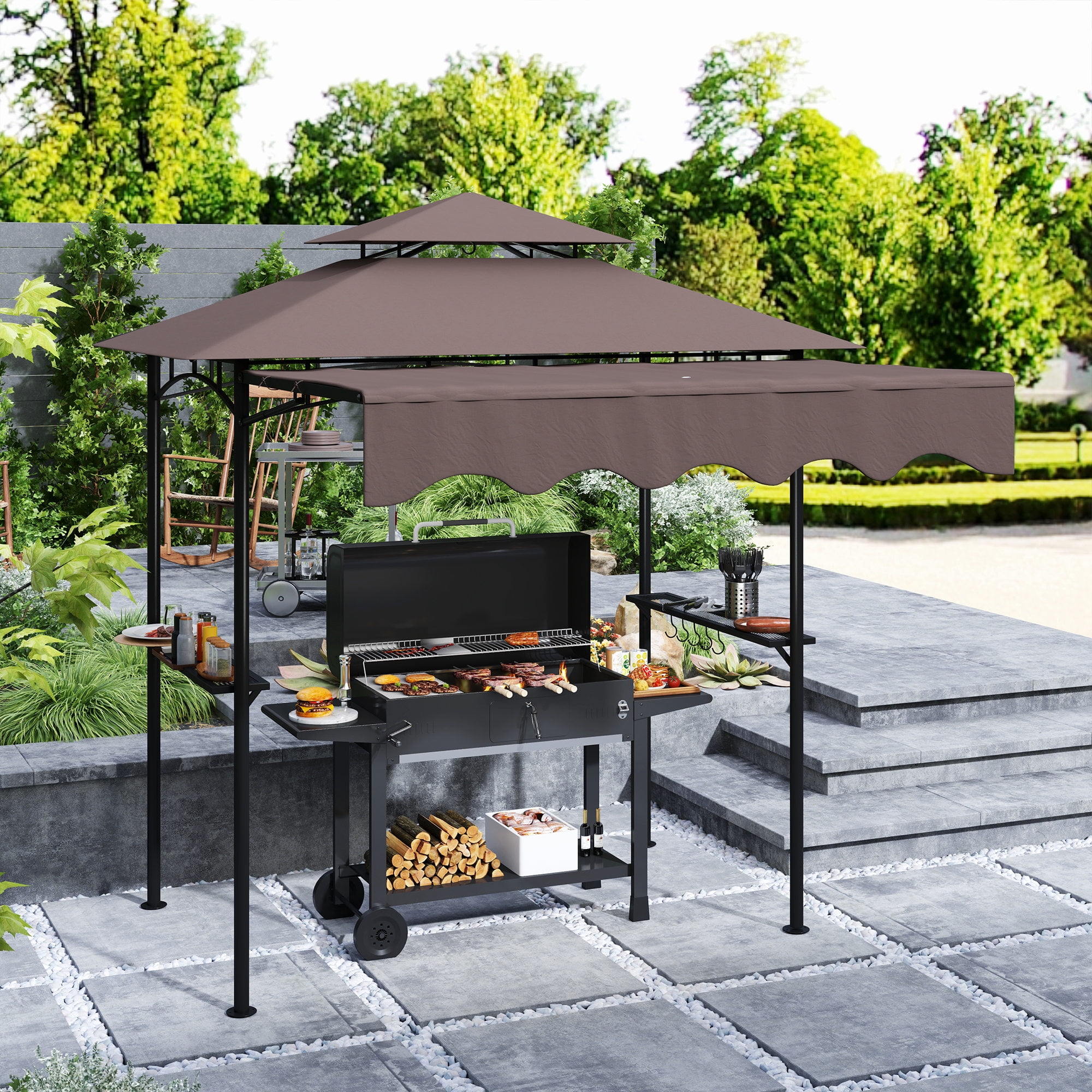 Brown Double Tiered Outdoor BBQ Grill Gazebo with Side Awning