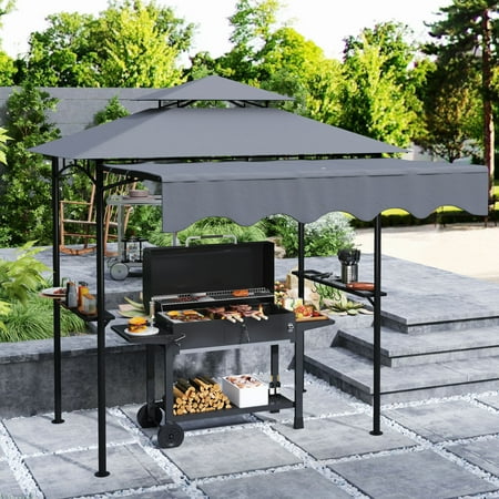 Outsunny 8' x 7.6' Grill Gazebo, Double Tiered Outdoor BBQ Gazebo with Side Awning, 2 Side Shelves and 6 Hooks for Patio, Deck, Yard, Dark Gray