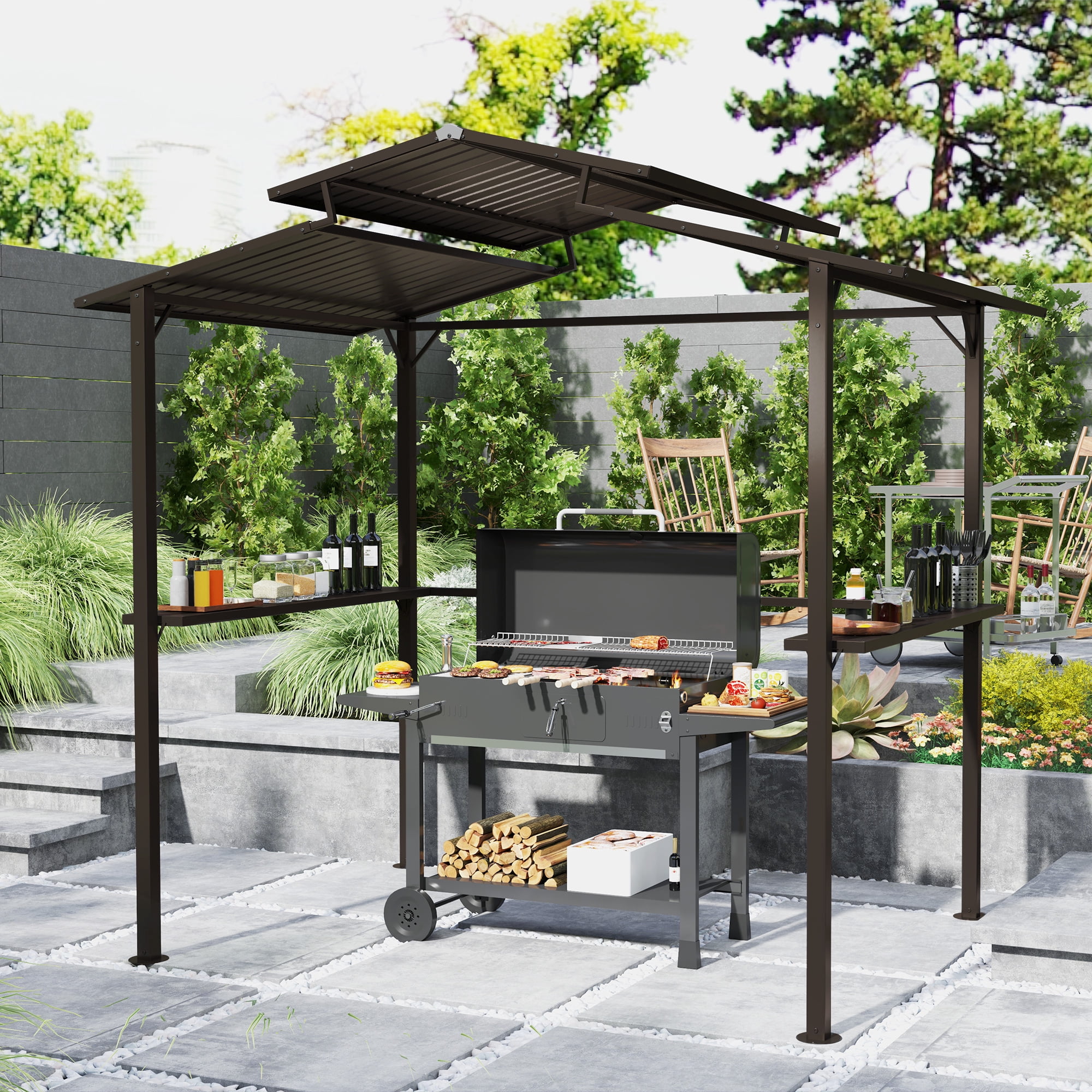 Outsunny 8' x 5' Hardtop Grill Gazebo, Outdoor BBQ Gazebo with Double Metal Roof, 2 Side Shelves and 4 Cup Holders for Patio Backyard Lawn Deck