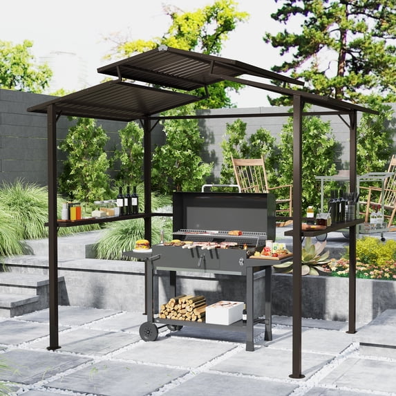 Outsunny 8' x 5' Hardtop Grill Gazebo, Outdoor BBQ Gazebo with Double Metal Roof, 2 Side Shelves and 4 Cup Holders for Patio Backyard Lawn Deck