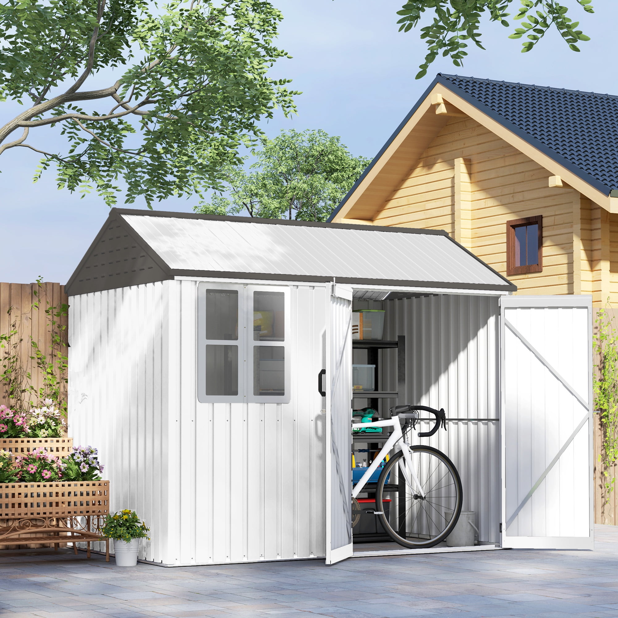 Outsunny 8' x 6' Outdoor Storage Shed, Extra Large Metal Garden Shed with Lockable Doors, Cottage Style 4-Pane Window & Vents, White