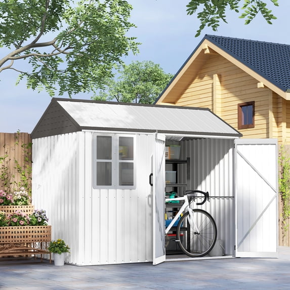 Outsunny 8' x 6' Outdoor Storage Shed, Extra Large Metal Garden Shed with Lockable Doors, Cottage Style 4-Pane Window & Vents, White