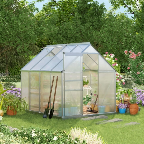Outsunny 8.3' x 6.2' x 6.5' Polycarbonate Greenhouse, Heavy Duty Outdoor Aluminum Walk-in Green House Kit with Vent, Gutter & Door, Silver