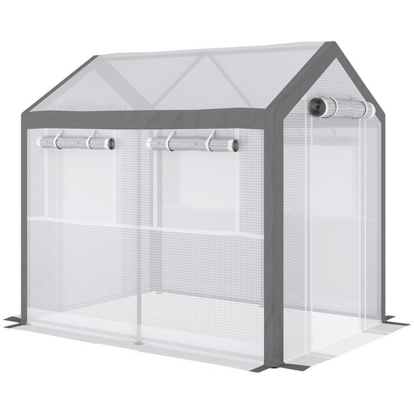 Outsunny 8' x 6' x 7.5' Walk-In Greenhouse, Outdoor Gardening Canopy with 6 Roll-up Windows, 2 Zippered Doors & Weather Cover, White
