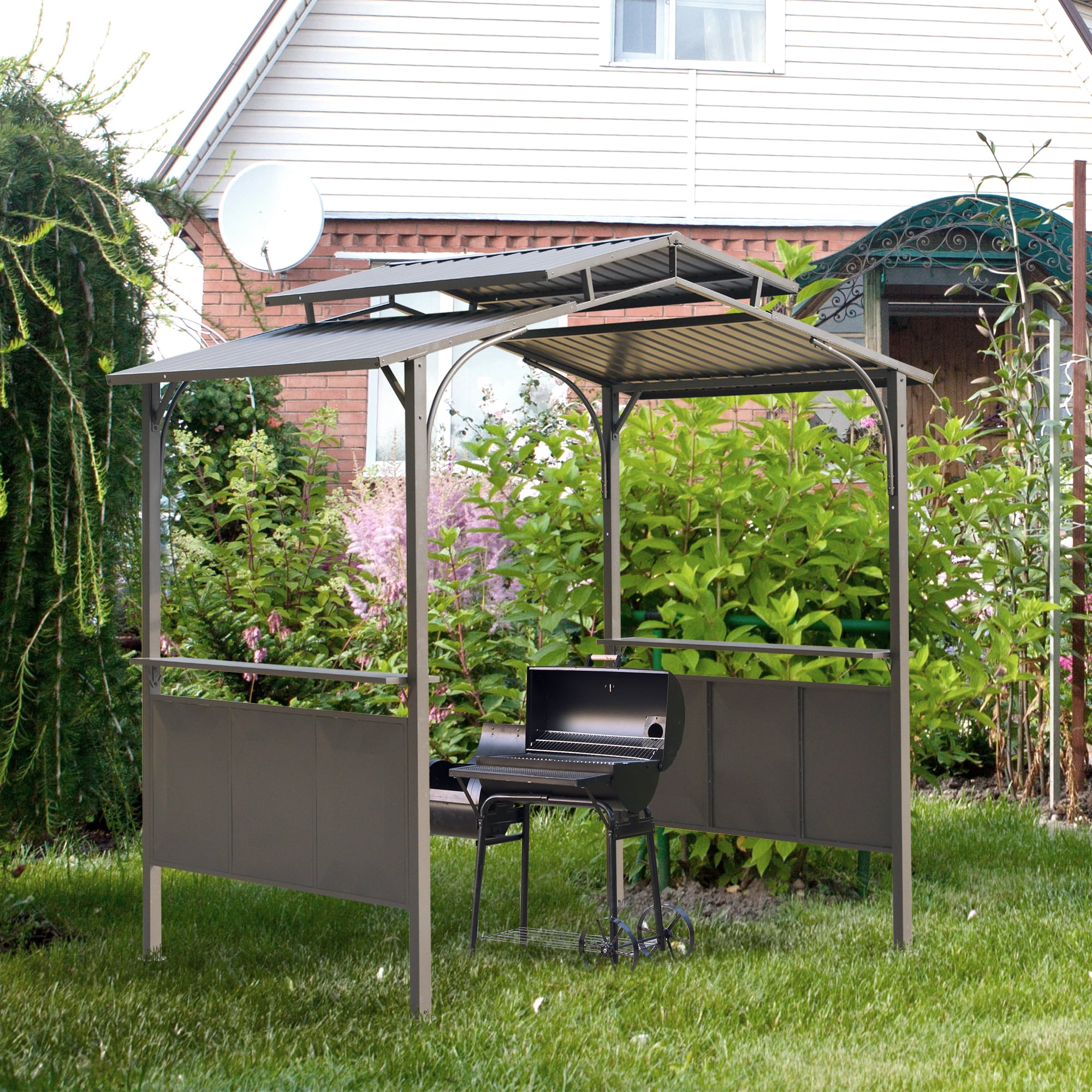 Brown Steel BBQ Grill Gazebo with Polycarbonate Roof and Side Shelves