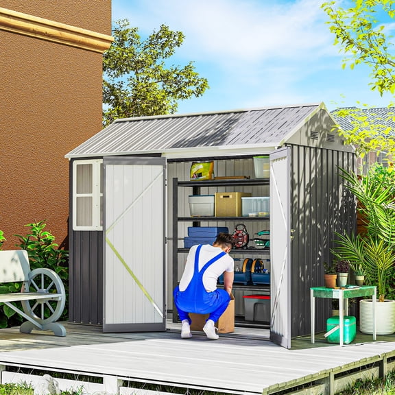 Outsunny 8'x6' Metal Garden Storage Shed with Doors, Windows & Vents, Galvanized Steel, Gray