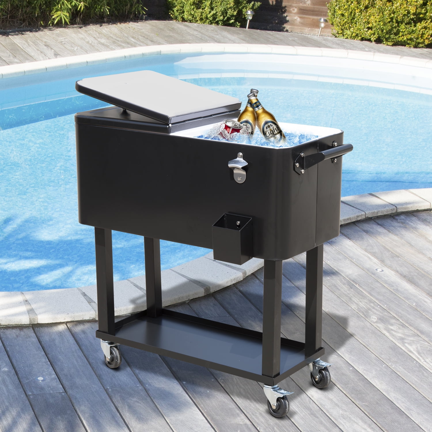 Black Steel 80 Quart Rolling Cooler Cart with Wheels