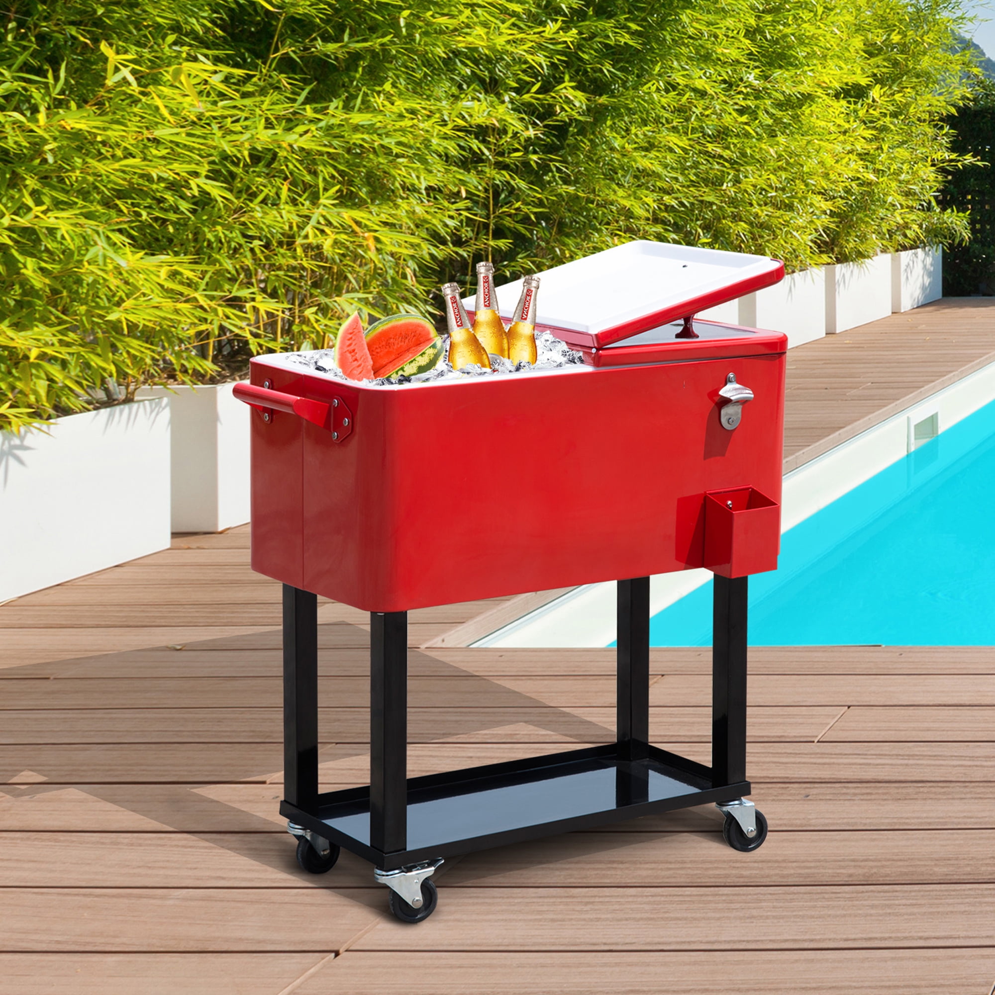 Ruby Red Metal Rolling Outdoor Cooler with Wheels