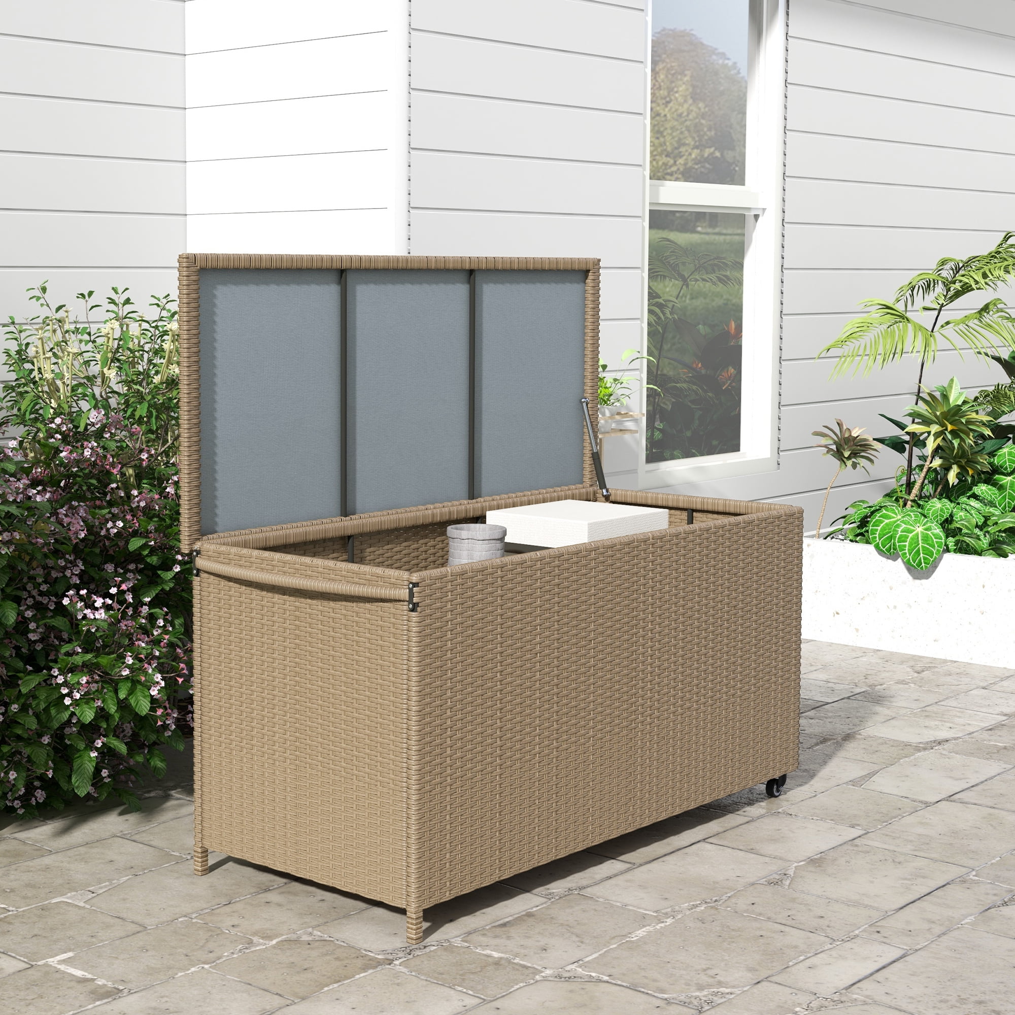 Large Brown Wicker Plastic Deck Box with Wheels