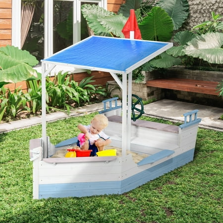 Outsunny 83" Wooden Kids Sandbox with Covered Protection Under Canopy