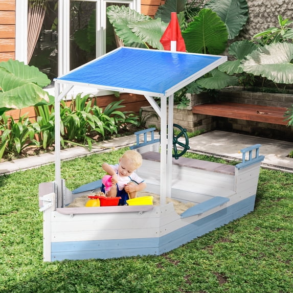 Outsunny Blue wooden kids sandbox with covered canopy, 82.75in x 43.25in x 62.5in boat shape sandpit