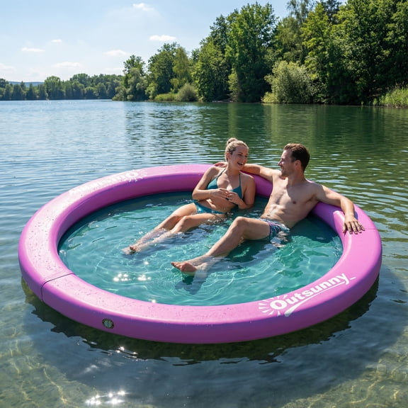 Outsunny 8FT Inflatable Water Hammock, Round Floating Ring, Inflatable Floating Dock Platform with Mesh for for Lakes, Pools, Oceans, Purple