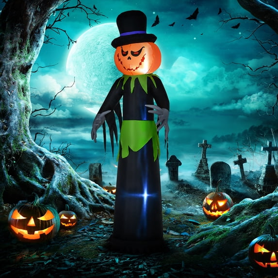 Outsunny 8ft Inflatable Halloween Pumpkin Head Ghost in A Hat, Halloween Decoration with LED Lights for Garden Indoor Outdoor