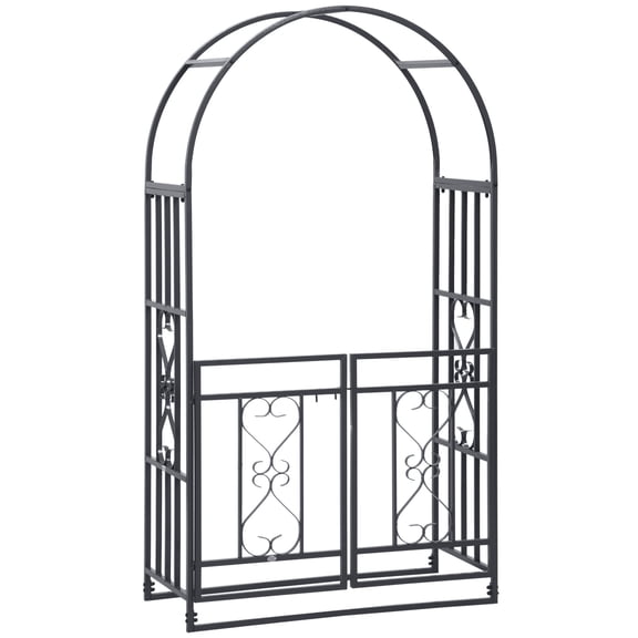Outsunny 8ft Metal Garden Arch Grey with Double Doors Locking Gate for Wedding Bridal Party