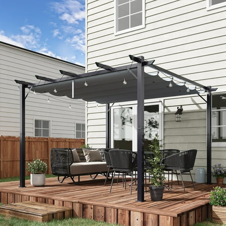 Outsunny 9'10" x 9'10" x 7'3.75" Gray Aluminum Pergola with Retractable Water-Resistant Shade Canopy