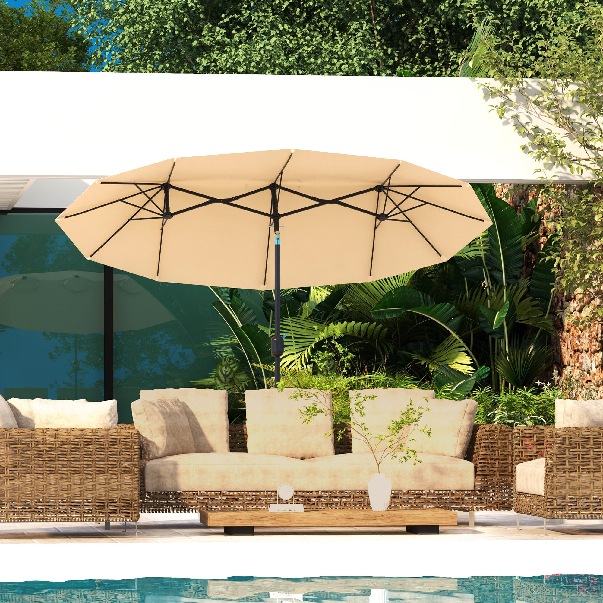 Outsunny 9.5' Double-sided Patio Umbrella with Tilt Outdoor Umbrella, Brown