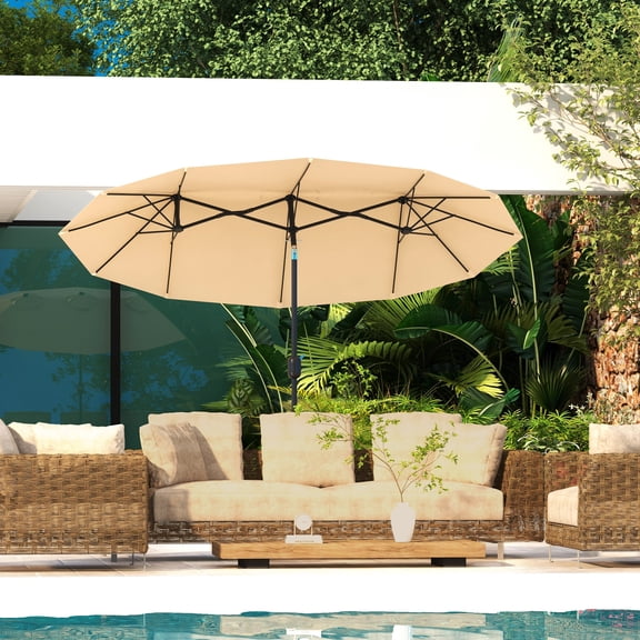 Outsunny 9.5' Double-sided Patio Umbrella with Tilt Outdoor Umbrella, Brown