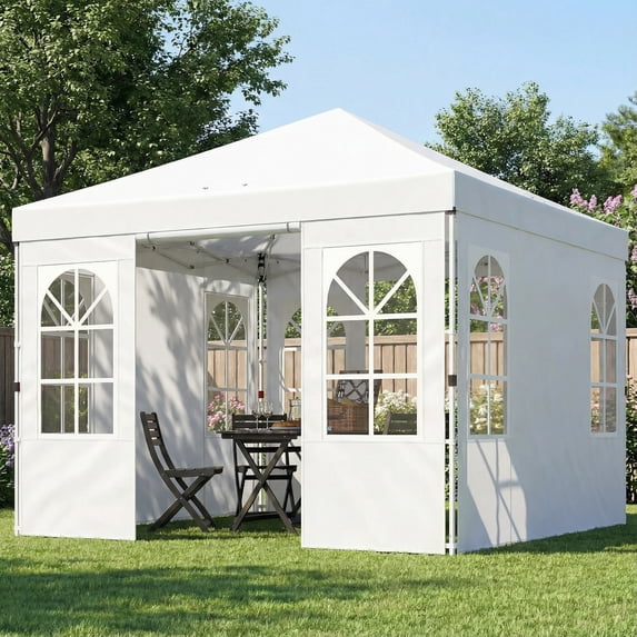 Outsunny 9.6 x 9.6 ft Pop Up Canopy Tent with Sidewalls, One Push Setup, UPF50+ Outdoor Portable Instant Canopy Shelter with Sandbags, White