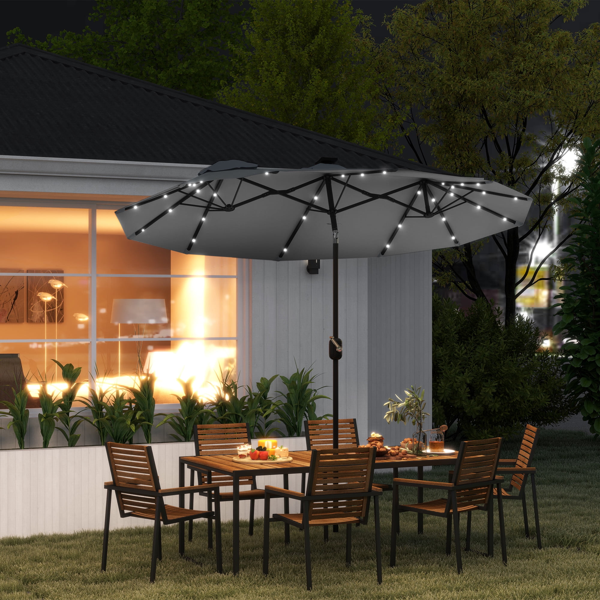 Outsunny 9.7' Double-sided Patio Umbrella with LED Solar Light, Tilt and Crank, Outdoor Umbrella, Gray