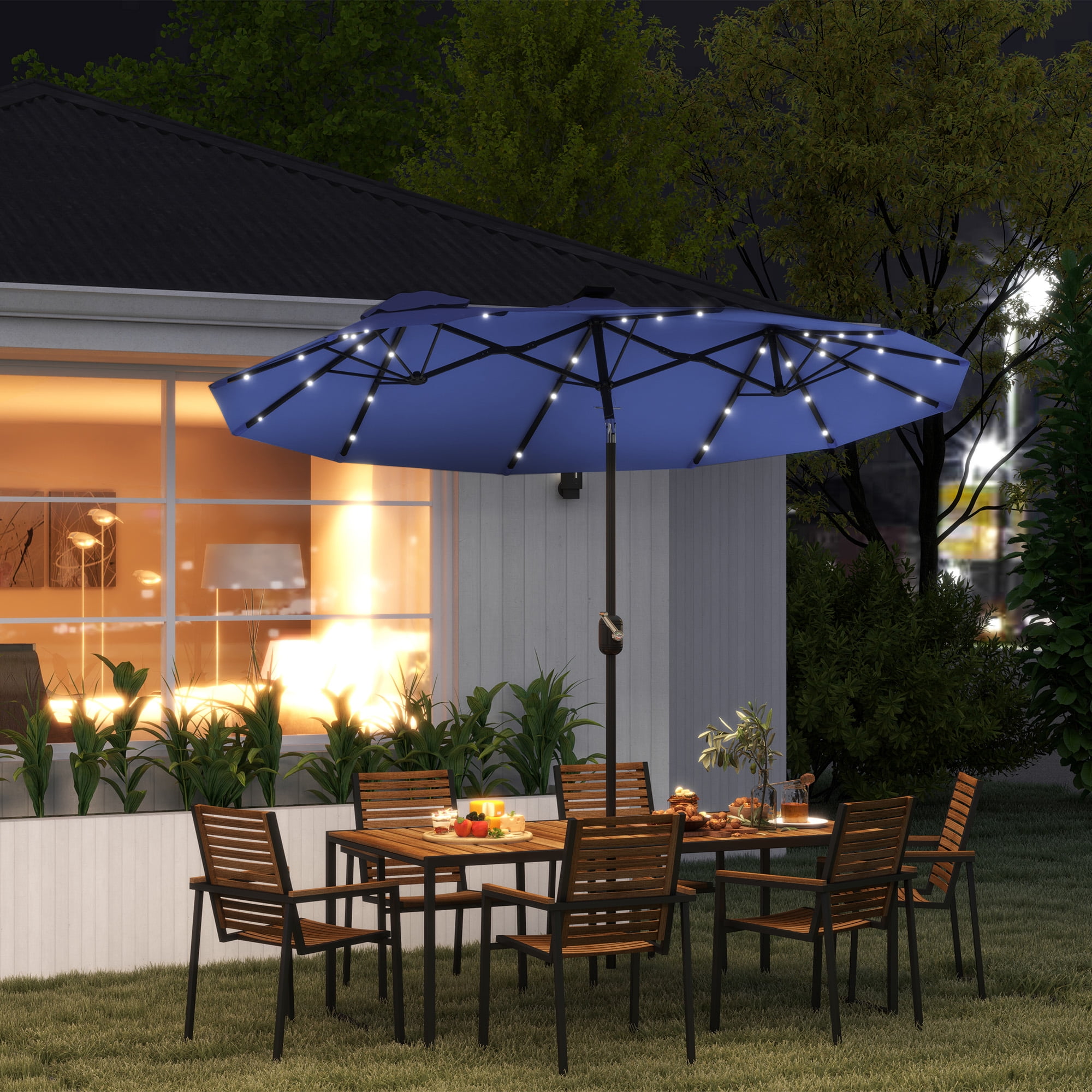 Outsunny 9.7' Double-sided Patio Umbrella with LED Solar Light, Tilt and Crank, Outdoor Umbrella, Navy Blue