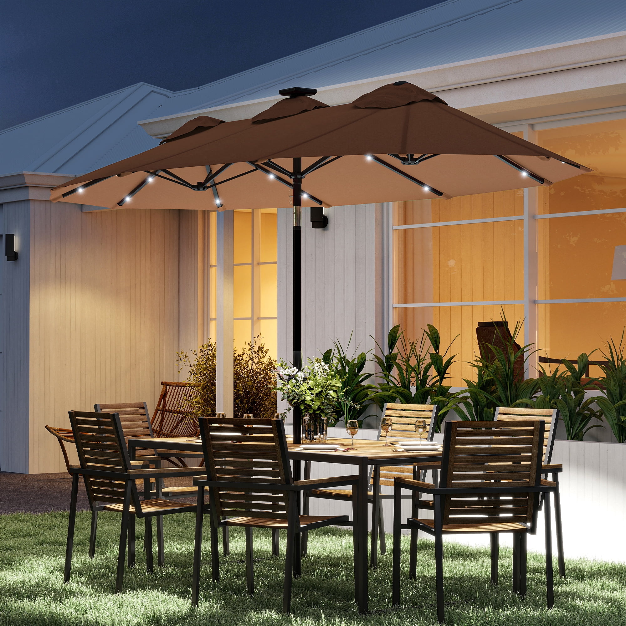 Outsunny 9.7 ft. Double-sided Patio Umbrella with LED Solar Light, 45-Degree Tilt and Crank, Outdoor Umbrella, Coffee
