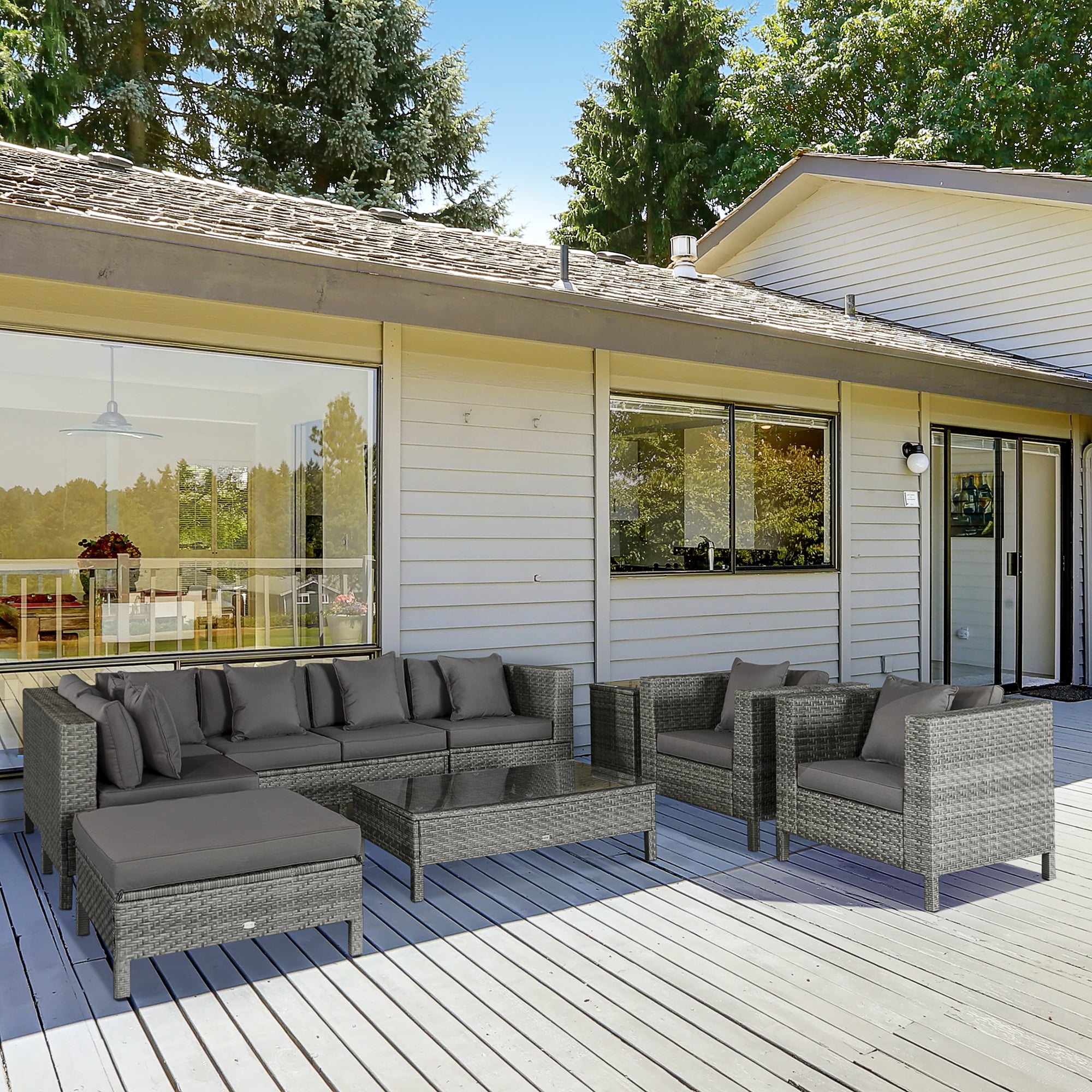 Gray 7-Person PE Rattan Outdoor Sectional Sofa Set with Cushions
