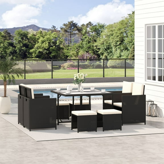 Outsunny 9 Piece Patio Wicker Dining Sets, Space Saving Outdoor Sectional Conversation Set, with Dining Table, Ottoman, Black