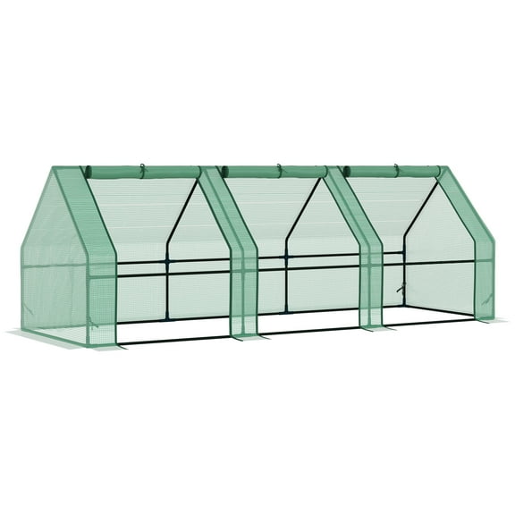 Outsunny 9' X 3' X 3' Portable Mini Greenhouse Outdoor Garden with Large Zipper Doors and Water/Uv Pe Cover,Green,Green Steel Garden Outdoor Sheds