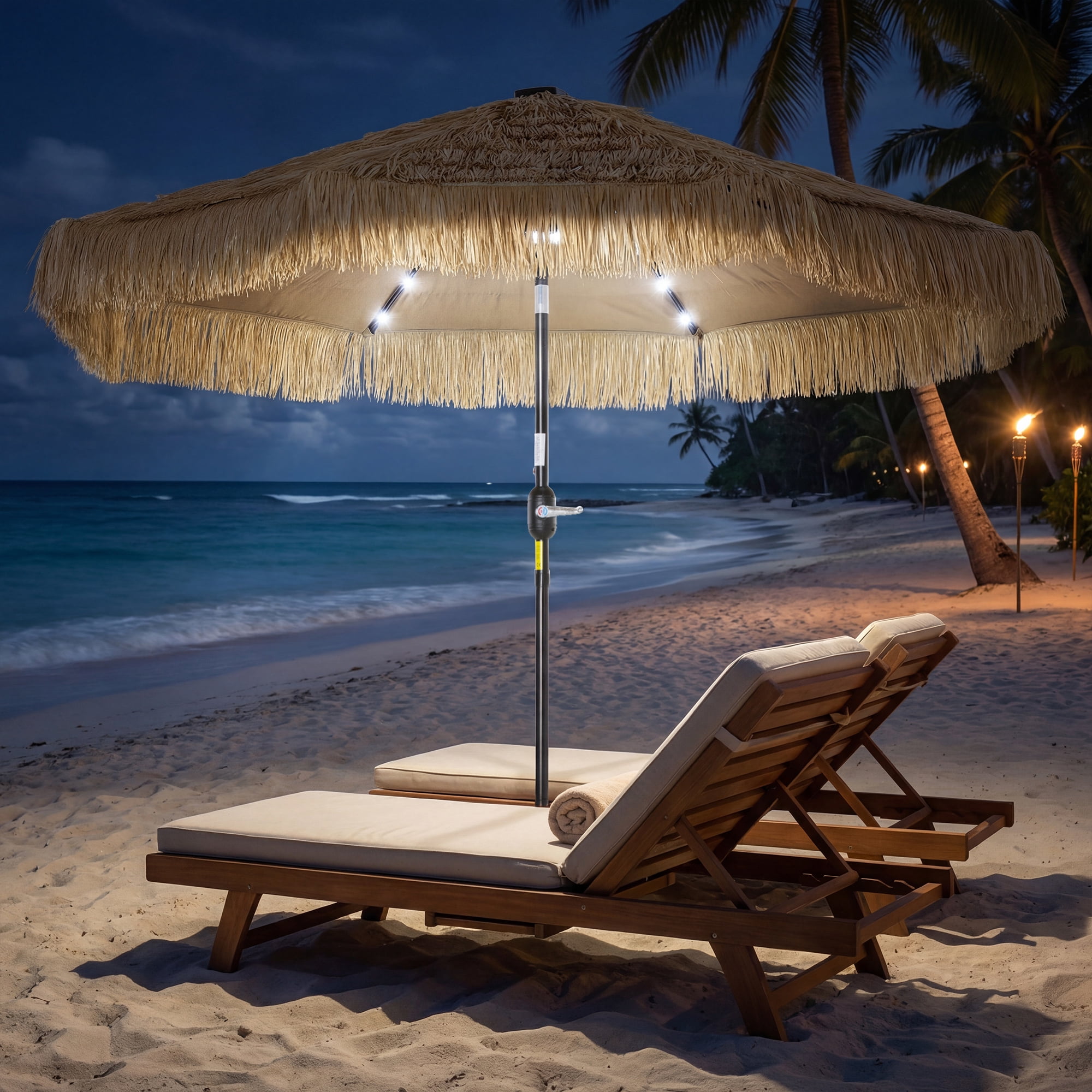 Outsunny 9 ft Hula Thatched Tiki Patio Umbrella with LED Solar Light, Tropical Hawaiian Style Outdoor Umbrella with Crank, Tilt, UPF30+, Khaki