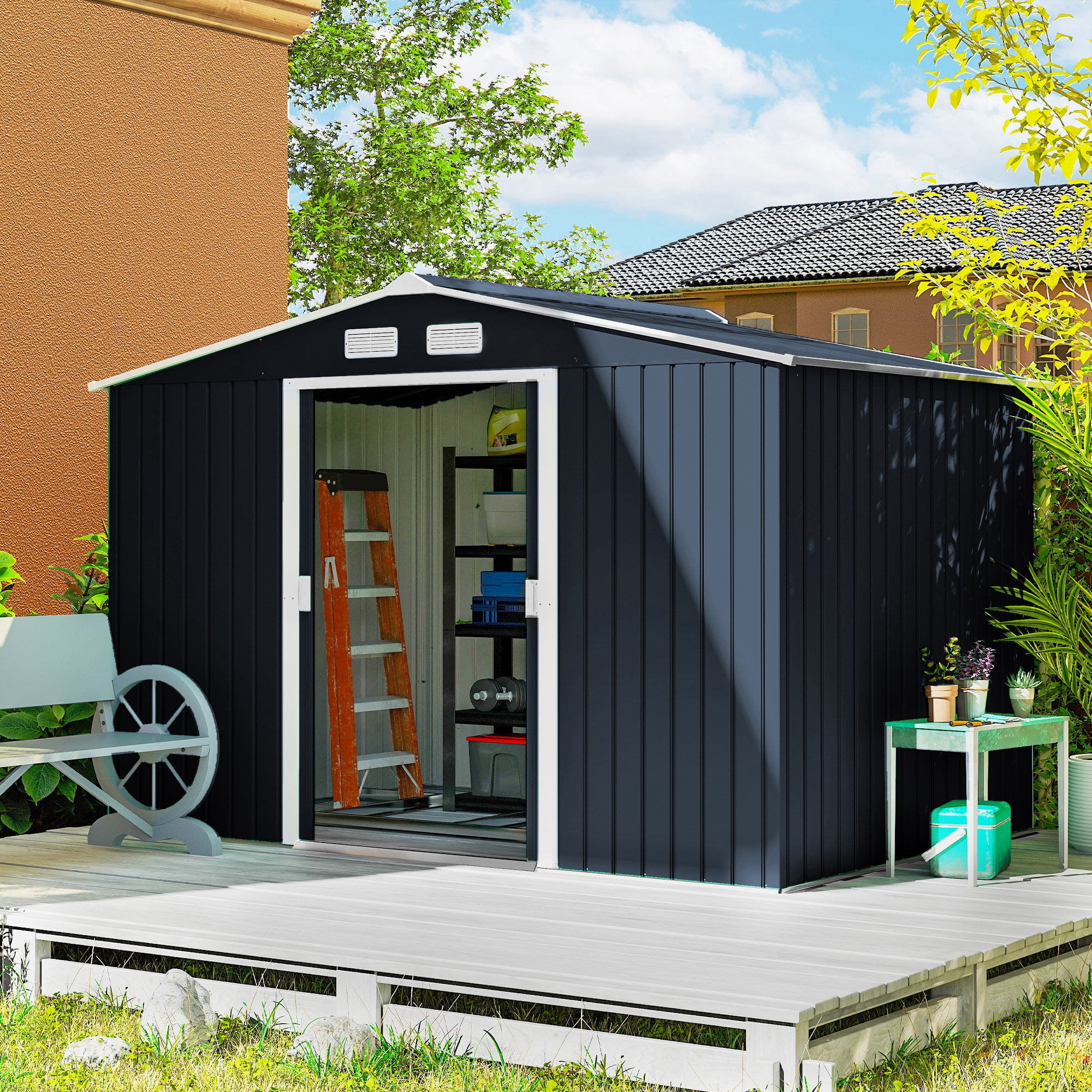 Outsunny 9' x 6' Metal Storage Shed Organizer, Garden Tool House with 4 Vents and 2 Sliding Doors for Backyard, Patio, Garage, Lawn, Dark Gray