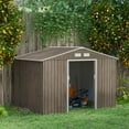 thumbnail image 1 of Outsunny 9' x 6' Metal Storage Shed Organizer, Garden Tool House with 4 Vents and 2 Sliding Doors for Backyard, Patio, Garage, Lawn, Light Brown, 1 of 10