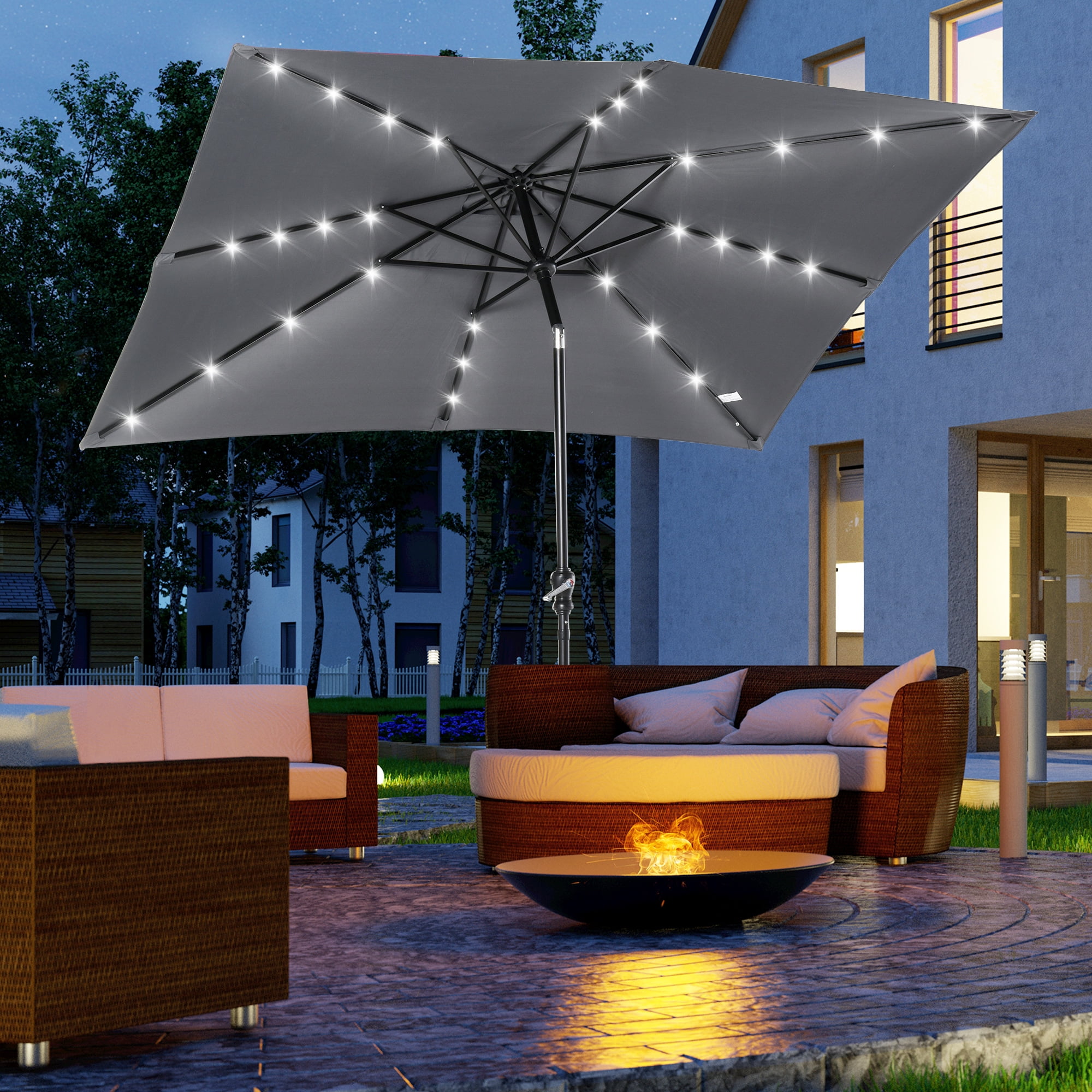 Outsunny 9' x 7' Dark Gray Patio Umbrella, with LED Lights