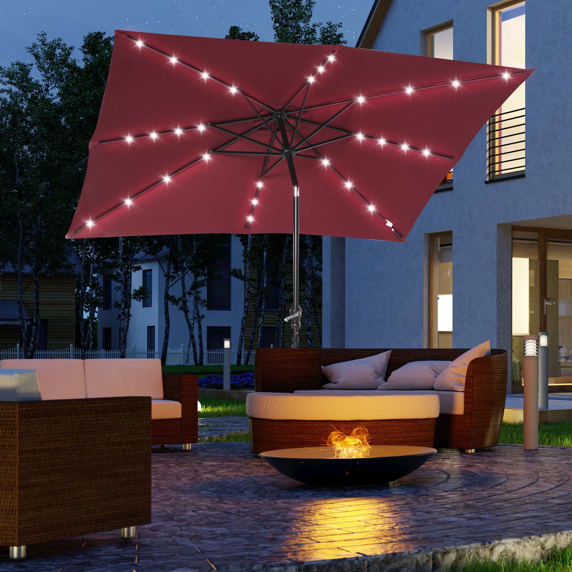Wine Red Solar LED Lighted Patio Umbrella with Tilt & Crank