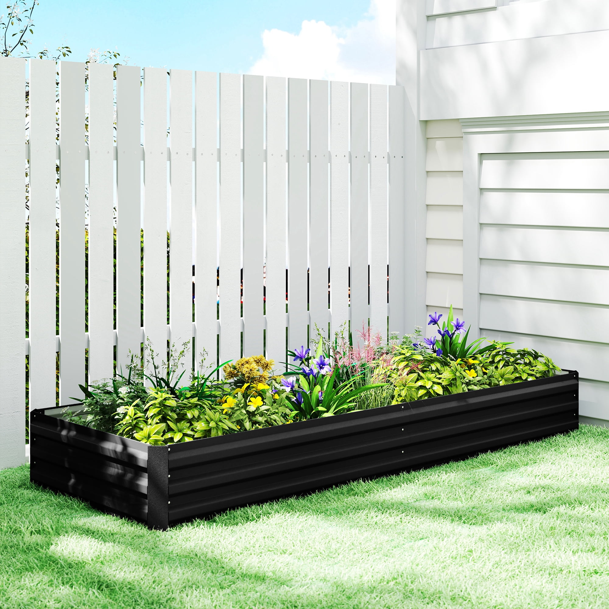 Outsunny 95" x 36" x 12" Galvanized Raised Garden Bed, Metal Elevated Planter Box, Easy DIY and Cleaning for Growing Flowers, Herbs, Black
