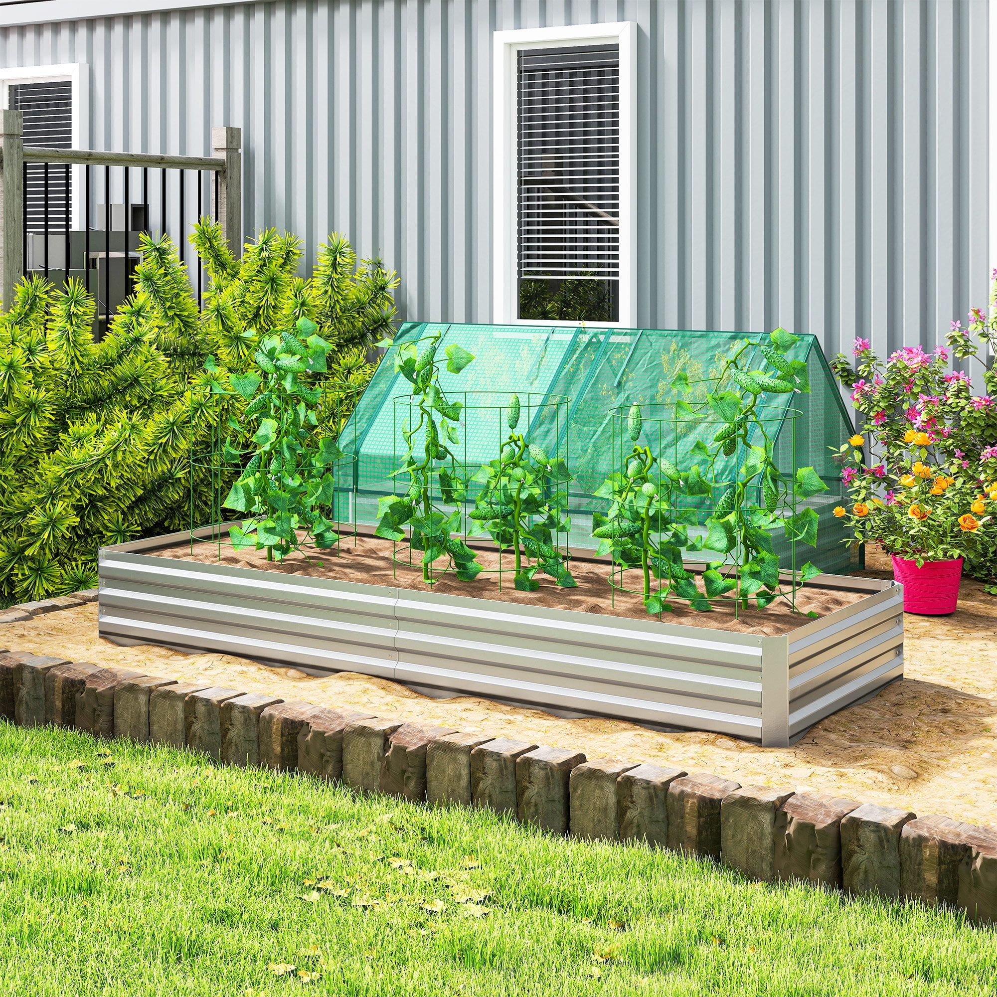 Outsunny 95" x 36" x 12" Galvanized Raised Garden Bed, Metal Elevated Planter Box, Easy DIY and Cleaning for Growing Flowers, Herbs, Silver