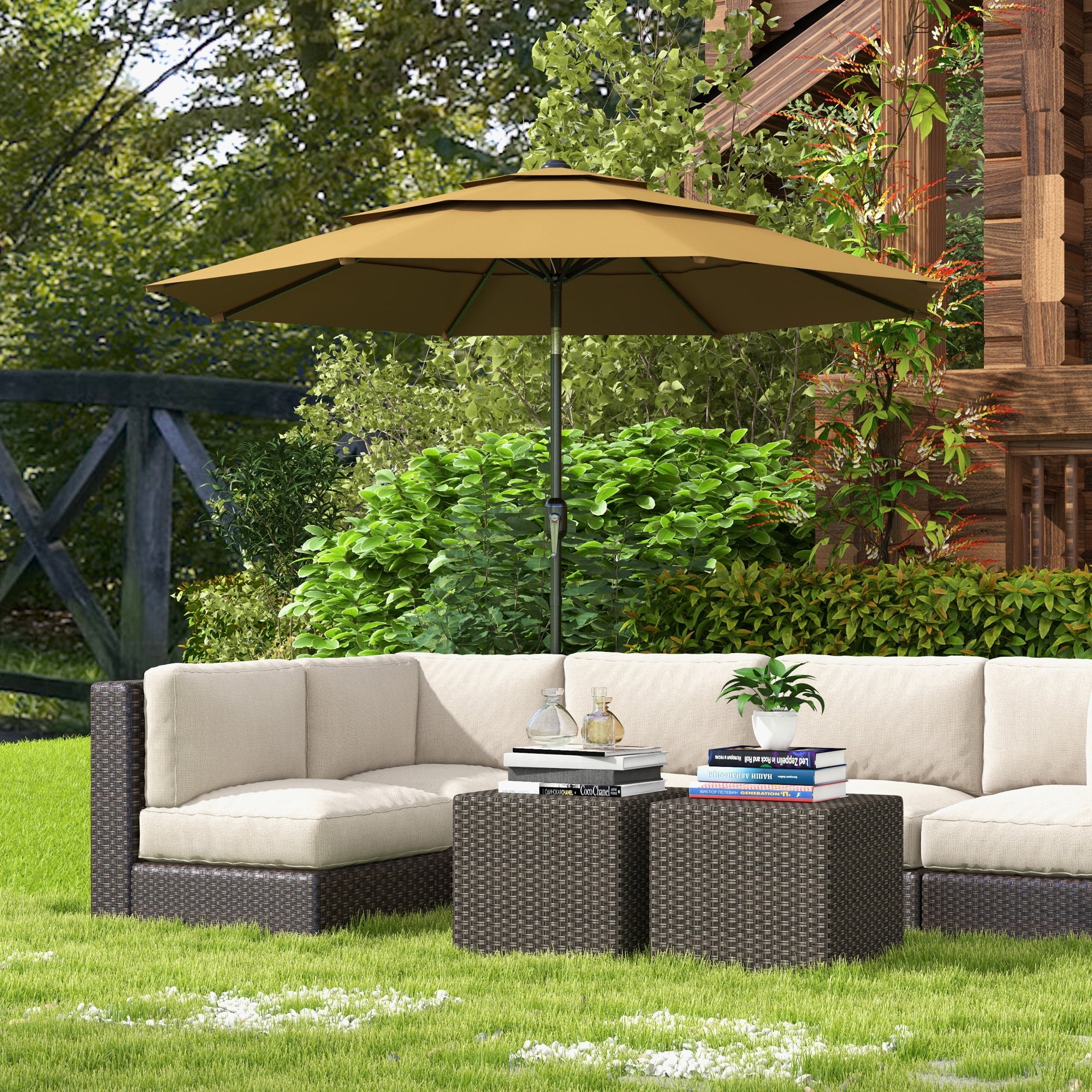 Tan 9' 3-Tier Outdoor Patio Umbrella with Crank and Tilt