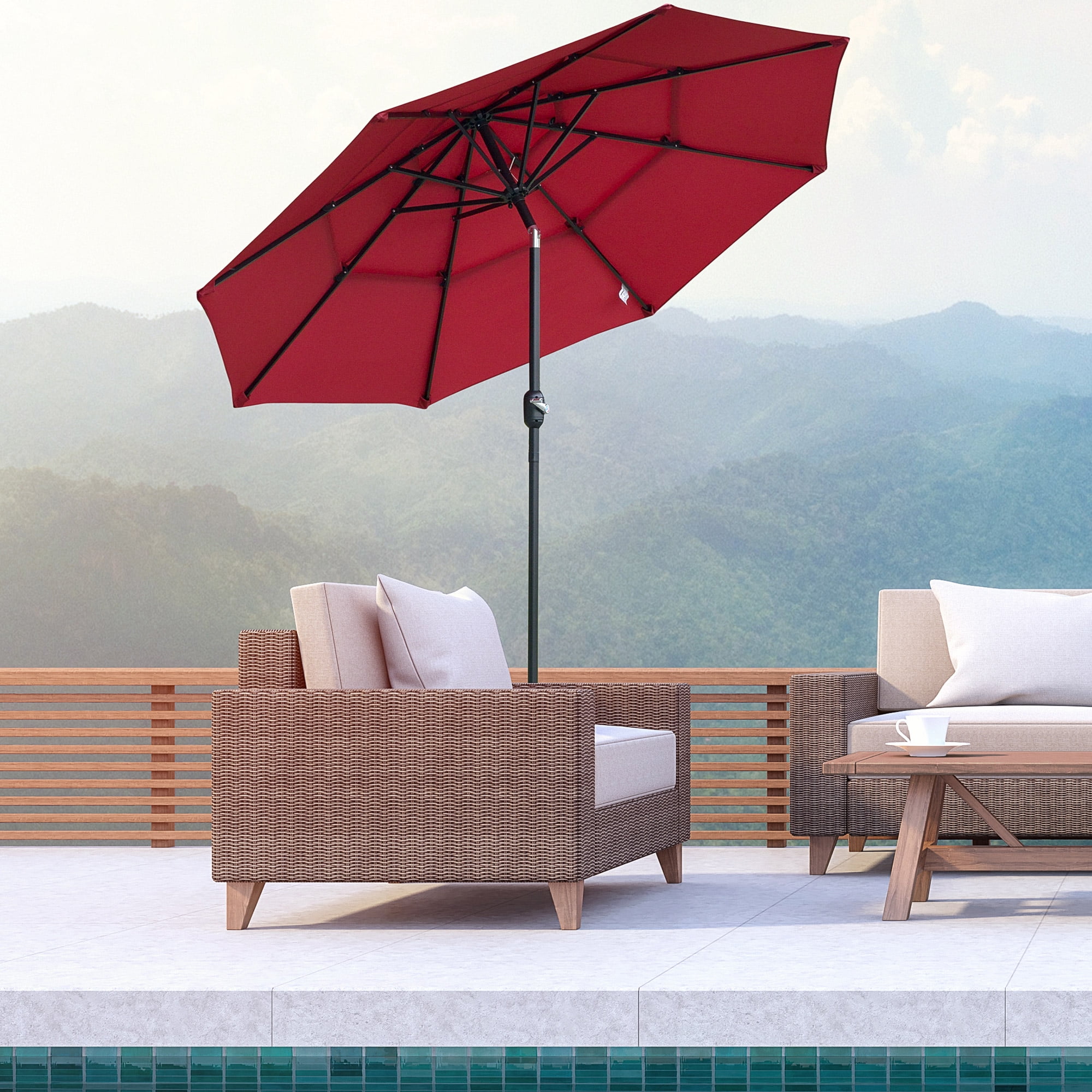 Wine Red 9' 3-Tier Outdoor Patio Umbrella with Crank and Tilt