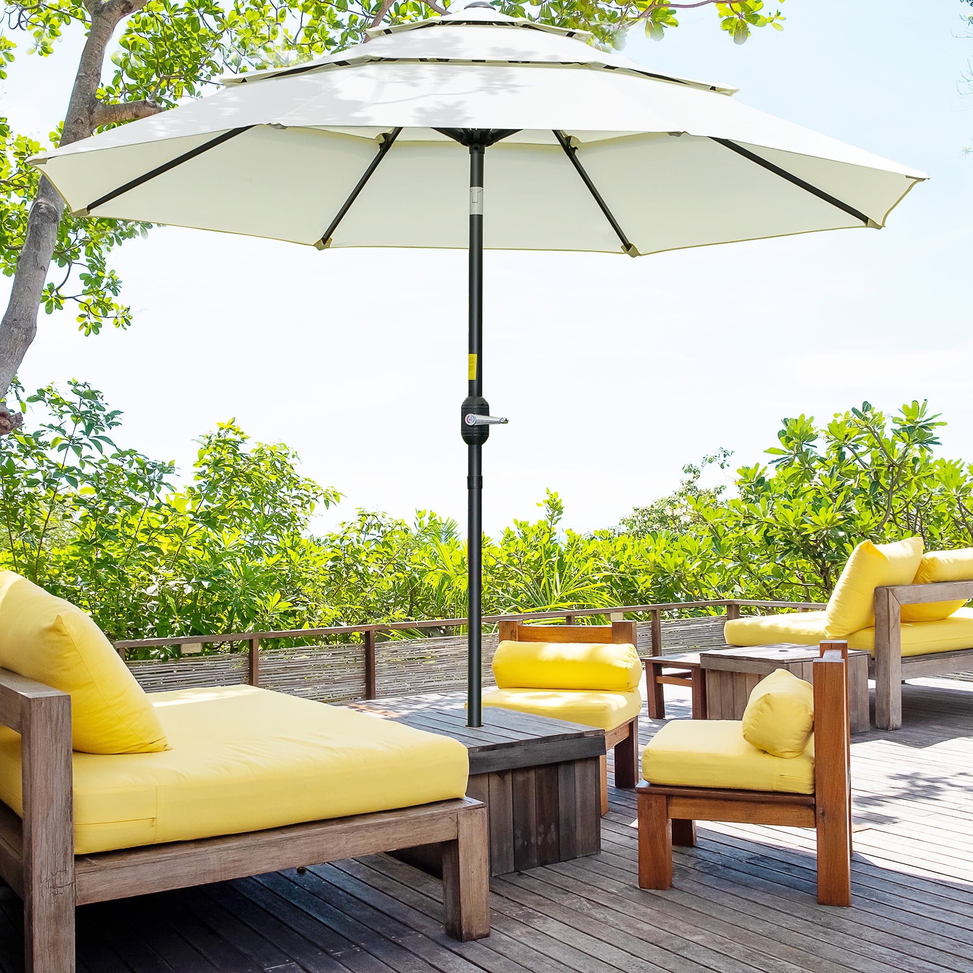 Outsunny 9FT Beige 3-Tier Round Patio Umbrella, Crank and Push Button Tilt